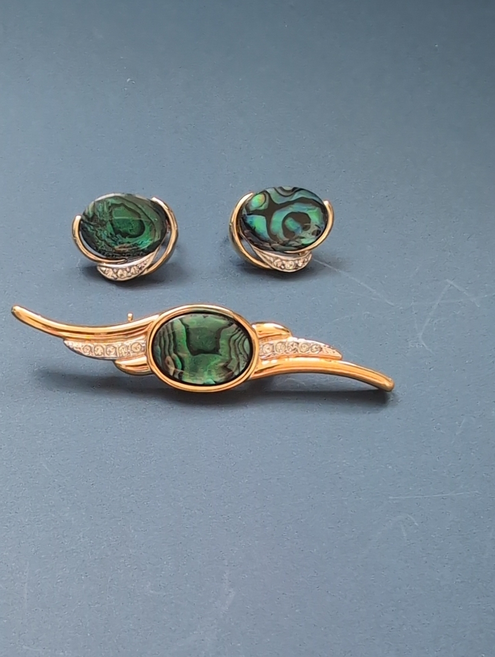 Gold-Tone Green Abalone Brooch with Matching Earrings